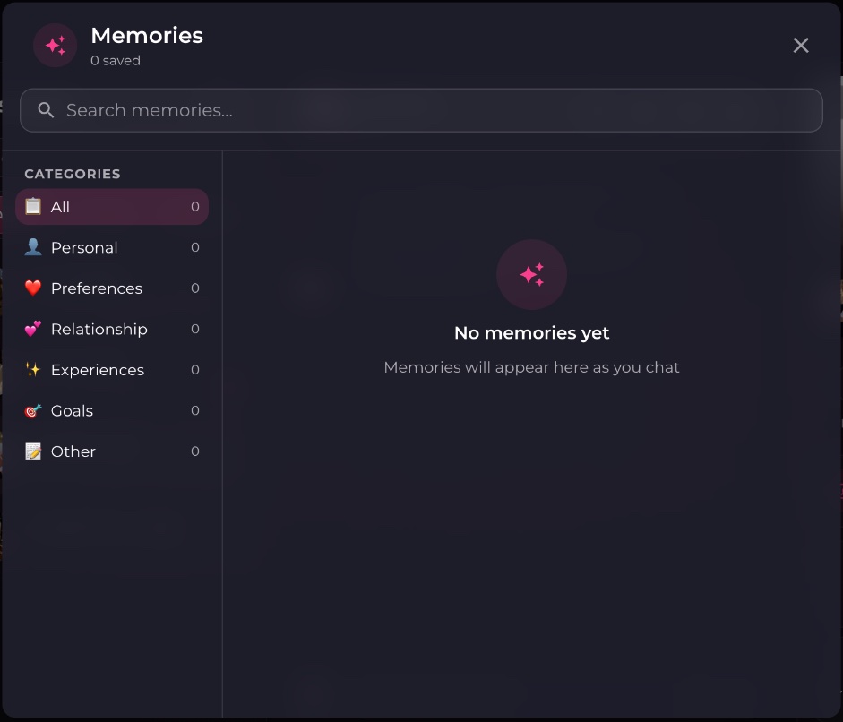 The Memories window with search and categories