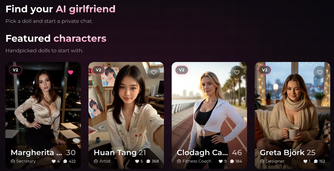 Featured characters on the DreamDolls home page