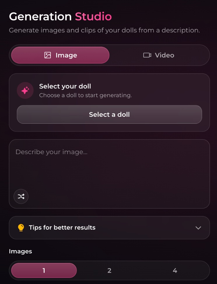 Generation Studio controls: doll, prompt and number of images
